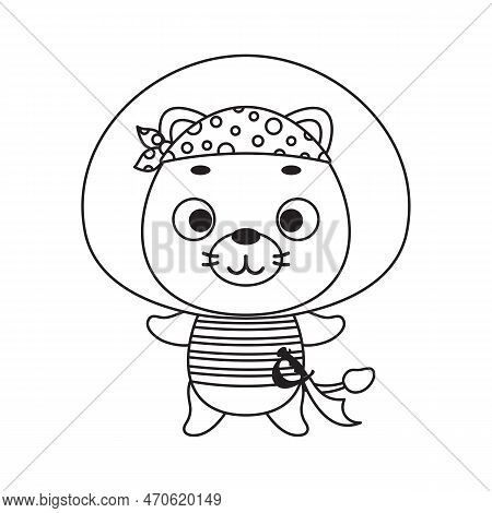 Coloring Page Cute Little Pirate Lion. Coloring Book For Kids. Edulionional Activity For Preschool Y