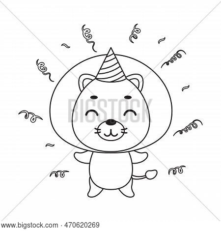 Coloring Page Cute Little Lion In Birthday Hat. Coloring Book For Kids. Edulionional Activity For Pr