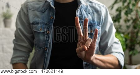 Sign Language Interpreter Man Translating A Meeting To Asl, American Sign Language. Empty Copy Space