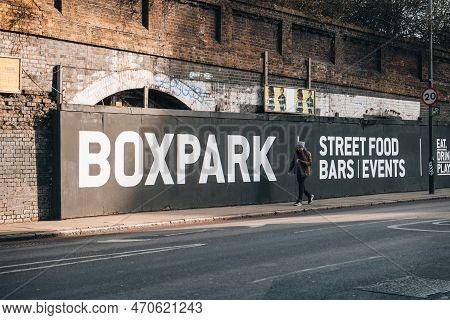 London, Uk - February 09, 2023: Sign For Boxpark Shoreditch, A Shipping Container Mall For Independe