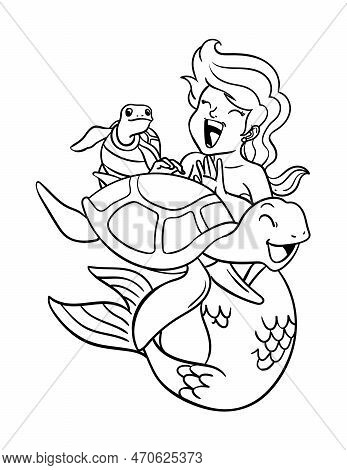A Cute And Funny Coloring Page Of Mermaid Playing With Turtle. Provides Hours Of Coloring Fun For Ch