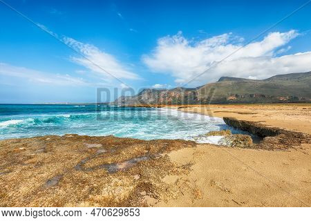 Picturesque Seascape Of Isolidda Beach Near San Vito Cape. Popular Travel Destination Of Monte Cofan