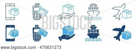 Order Package Cargo Shipment Silhouette And Line Icon Set. Shipping Transportation Cardboard Parcel 