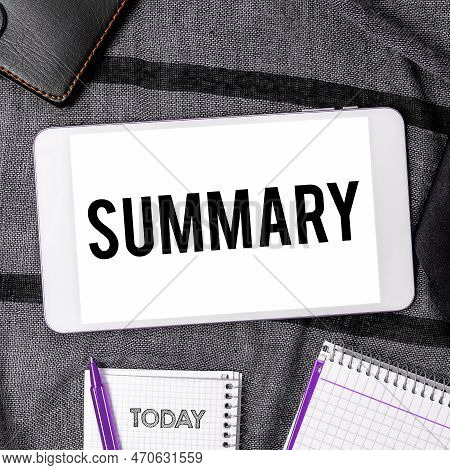 Handwriting Text Summary. Business Showcase Brief Statement Abstract Synopsis Concise Abbreviated Ve