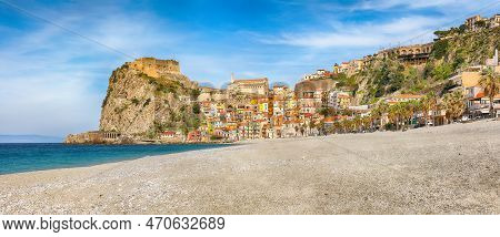 Awesome Seaside Town Village Scilla With Old Medieval Castle On Rock Castello Ruffo, Colorful Tradit
