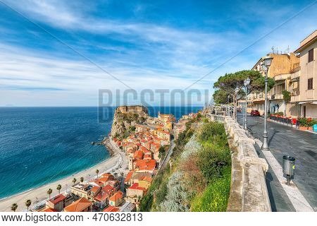 Awesome Seaside And Town Scilla With Old Medieval Castle On Rock Castello Ruffo, Colorful Traditiona