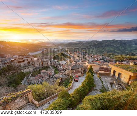 Fantastic Sunrise Over Old Famous Medieval Village Stilo In Calabria. View On City And Valley. Locat