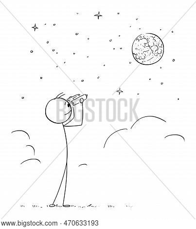 Erson With Binoculars Watching Moon, Vector Cartoon Stick Figure Illustration