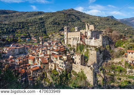 Dolceacqua, Italy - Ruins Of Hilltop Castle And Cityscape