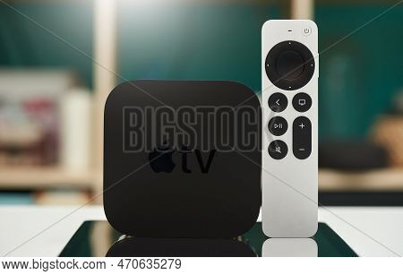 Stariy Oskol, Russia - September 7, 2021:tv Set-top Box Apple Tv