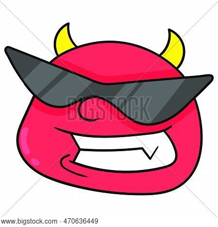 Cool Stylish Horned Red Devil Head Wearing Sunglasses, Vector Illustration Carton Emoticon. Doodle I