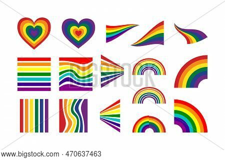 Set Of Multi Colored Rainbows, Hearts And Waves. Colorful Lines, Stripes For Lgbt, Pride Month. Rain