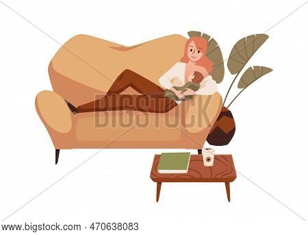 Happy Women Lying On Sofa And Breastfeeding Newborn Baby, Flat Vector Illustration Isolated On White