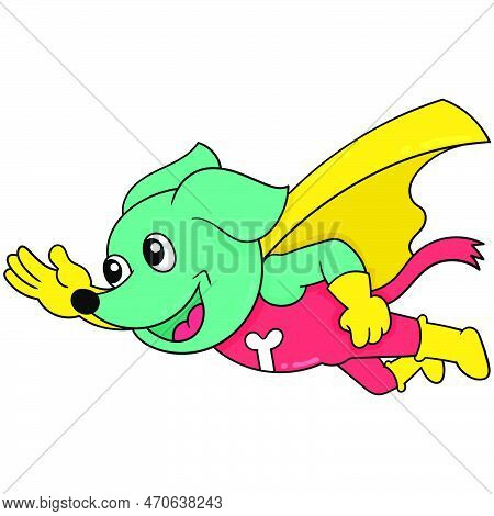 Dog Superhero Is Flying In The Sky Smiling Happy Face, Vector Illustration Art. Doodle Icon Image Ka