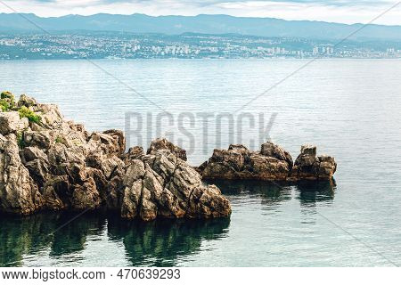 Rocky Coastline Of Kvarner Gulf In Adriatic Sea At Town Of Lovran, Selective Focus