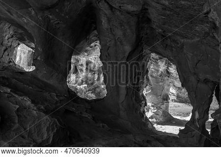 View From Inside The Main Stadsaal Cave In The Western Cape Cederberg. Monochrome