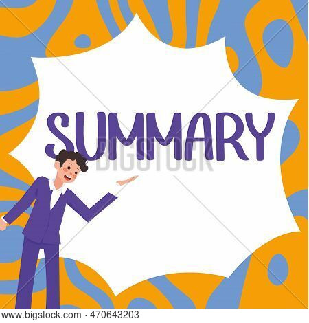 Handwriting Text Summary. Business Overview Brief Statement Abstract Synopsis Concise Abbreviated Ve