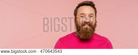 Cheerful Bearded Man In Magenta T-shirt Smiling At Camera Isolated On Pink, Banner.