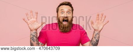 Astonished Bearded Man With Open Mouth Showing Wow Gesture Isolated On Pink, Banner.
