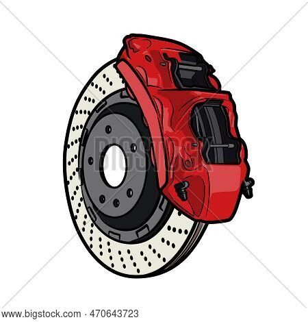 Car Brake Caliper Of Red Color Isolated On White Background. Illustration Car Brake