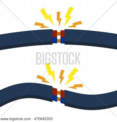 Damaged Cable With Red Wire. Orange Lightning And The Spark. Broken Line. Faulty Electrical Applianc