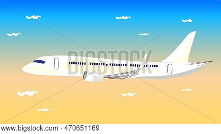 Airplane Flying In The Sky Among The Clouds. Passenger Plane. Cargo Airplane. Travel