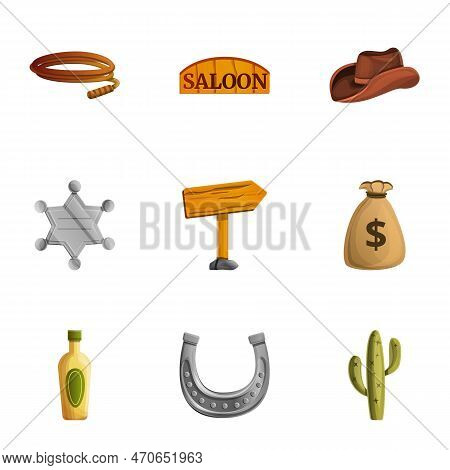 Cowboy Tools Icon Set. Cartoon Set Of 9 Cowboy Tools Icons For Web Design Isolated On White Backgrou