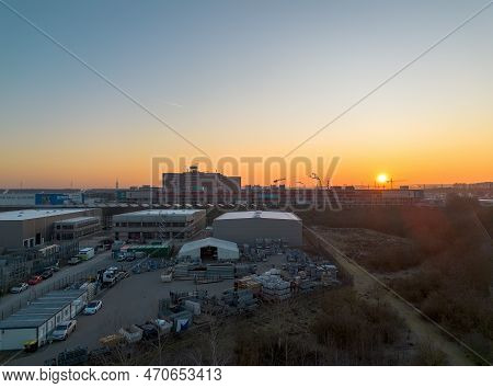 Weiterstadt, Germany February 13 2023: View Over The Commercial Area Of Weiterstadt To The Shopping 