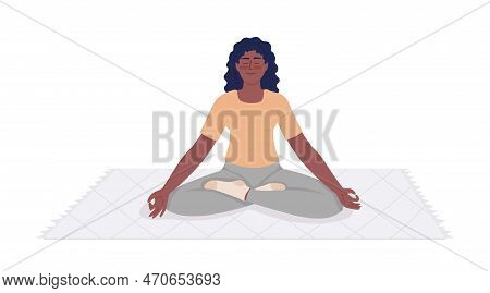 Pleased Young Woman Sitting On Throw Rug Semi Flat Color Vector Character