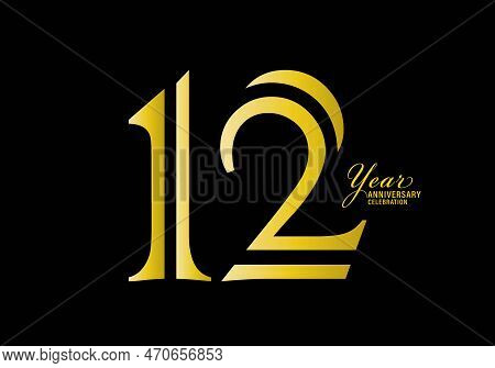 12 Years Anniversary Celebration Logotype Gold Color Vector, 12th Birthday Logo,12 Number, Anniversa