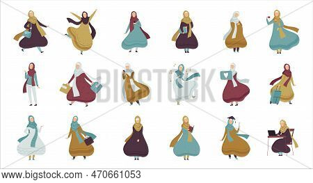Islam Arabian Female In Different Activities Set. Saudi Muslim Business Woman Character Working, Dan
