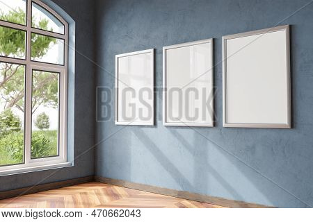 Mock Up Poster Frames In Modern Blue Petrol Colored Home Interior Wooden Parquet Floor And Single De