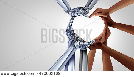 Unity And Diversity Partnership As Heart Hands In A Group Of Diverse People And Robots Connected Tog