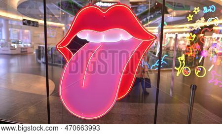 Warsaw, Poland. 10 February 2023. The Interior Of The Golden Terraces Shopping Center. Decorative Ne