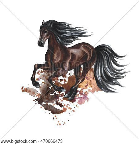 Running Brown Horse. Splashes And Stains. Watercolor. For Printing, Stickers And Labels. For Postcar