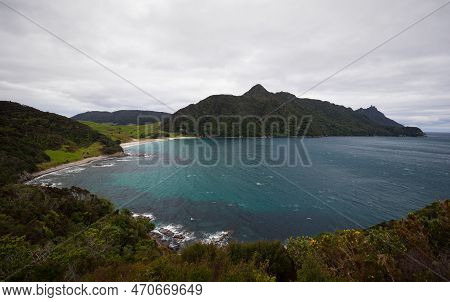 Smugglers Bay Beach With Lush Green Grass Nature Landscape Panorama Seen From Busby Head Whangarei H