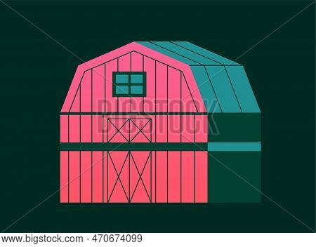 Village Farm Concept. Picture With Red Wooden Barn Or Shed For Farm Cattle And Horses. Agriculture A