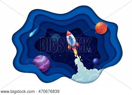 Space Paper Cut Galaxy Planets And Rocket Launch. Cartoon Vector 3d Wavy Double Exposition Frame Wit
