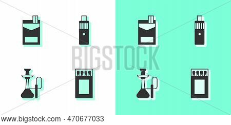 Set Matchbox And Matches, Cigarettes Pack, Hookah And Vape Mod Device Icon. Vector