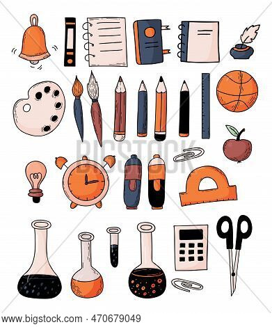 Set School Elements. Educational Items And Supplies - Book, Ball, Ruler, Notepad And Pencils, Scisso
