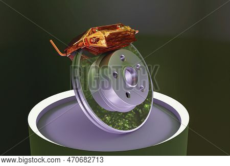 Brake Disc And Black Calliper On Looks Like The Road Is Wet And Dark Background. Illustration 3D Ren