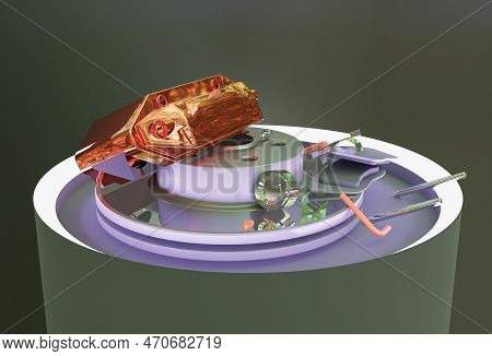 Brake Disc And Black Calliper On Looks Like The Road Is Wet And Dark Background. Illustration 3D Ren