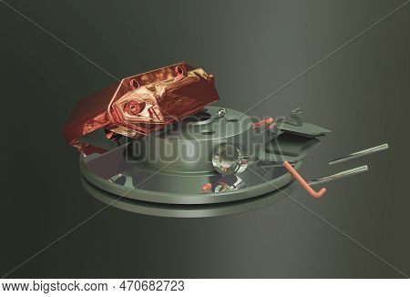 Brake Disc And Black Calliper On Looks Like The Road Is Wet And Dark Background. Illustration 3D Ren