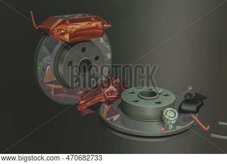 Brake Disc And Black Calliper On Looks Like The Road Is Wet And Dark Background. Illustration 3D Ren