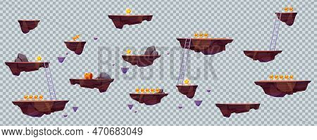 Flying Rock Islands Vector Game Landscape Isolated Elements. Cartoon Floating Platform For Arcade Vi