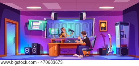 Beautiful Female Singer And Male Producer At Music Record Studio. Vector Cartoon Illustration Of Gir