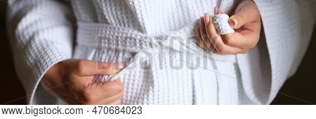 Woman Bathrobe After Shower In White Clean Bathrobe. Terry Bath Warm Bathrobe Concept