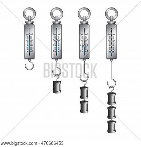 Set Of Cylindrical Spring Mechanical Dynamometers With Metal Pointers And Various Weights. Dynamomet