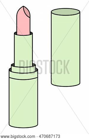 Lipstick. Women's Cosmetic. Tube Cap Nearby. Color Vector Illustration. Lip Moisturizer. Cartoon Sty
