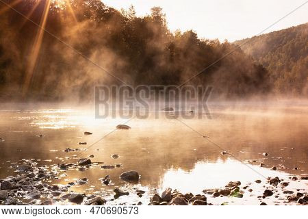 Warmy Beautiful Morning Summer Landscape With Mist On River With  Golden Fluffy Haze, Ripple Of Sun 